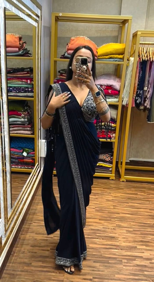 Elephant Blue Ready To Wear Georgette Saree