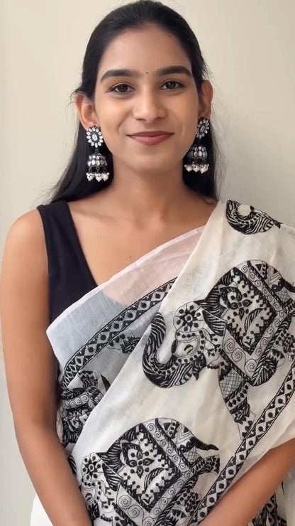 Elephant Printed White Cotton Saree