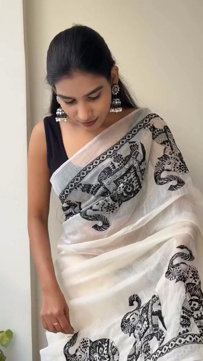 Elephant Printed White Cotton Saree