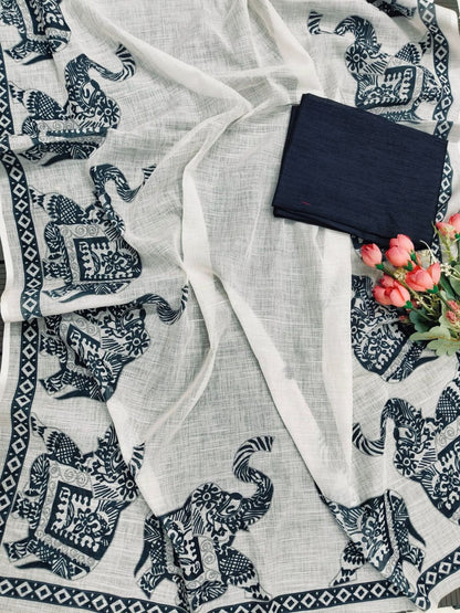 Elephant Printed White Cotton Saree