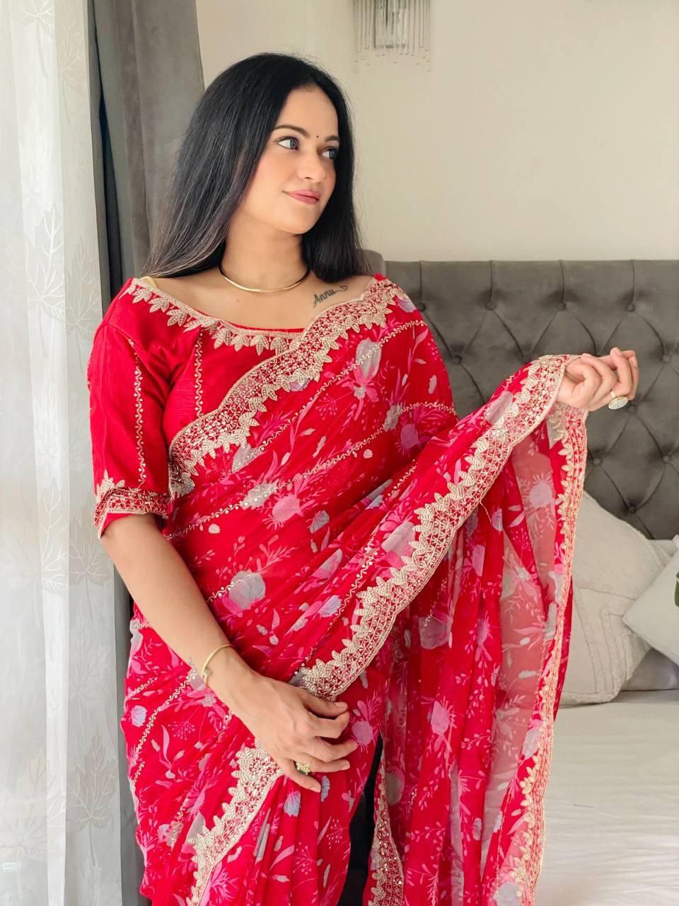 Party Wear Flower Print Digital Georgette Saree In Red