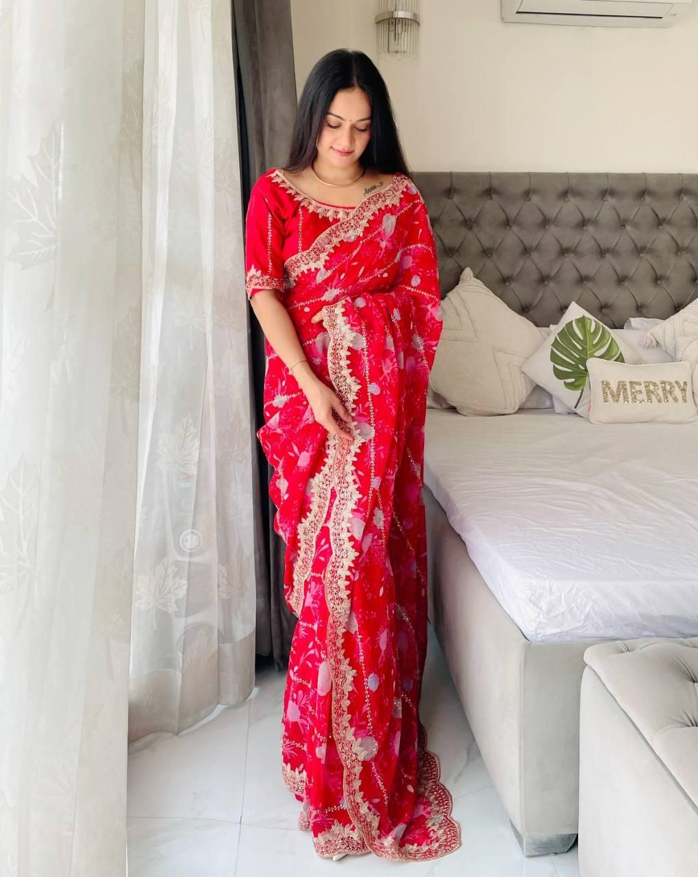 Party Wear Flower Print Digital Georgette Saree In Red