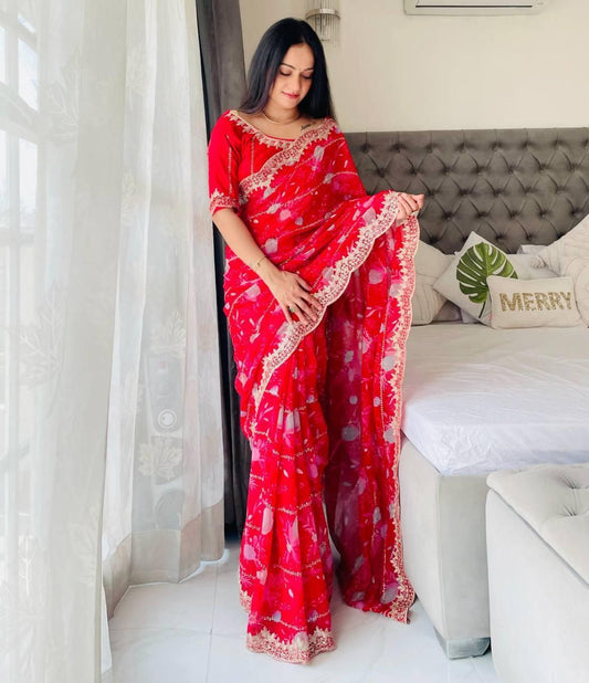 Party Wear Flower Print Digital Georgette Saree In Red