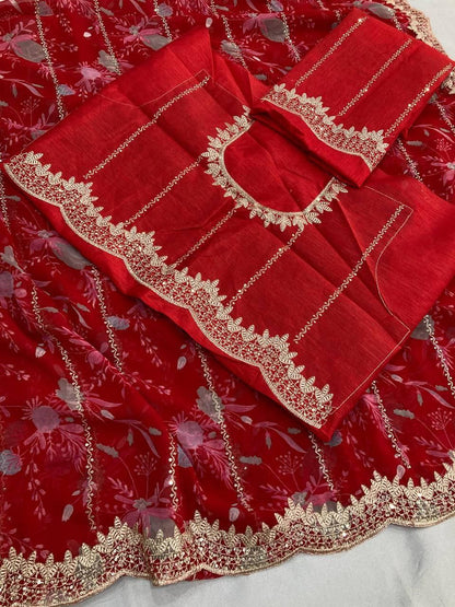 Party Wear Flower Print Digital Georgette Saree In Red