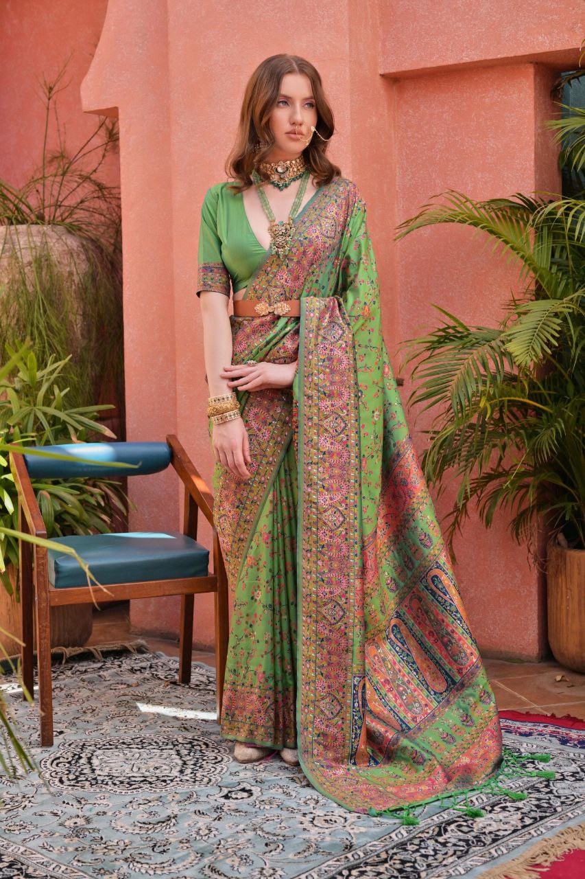 Faded Green Pashmina Silk Saree For Wedding