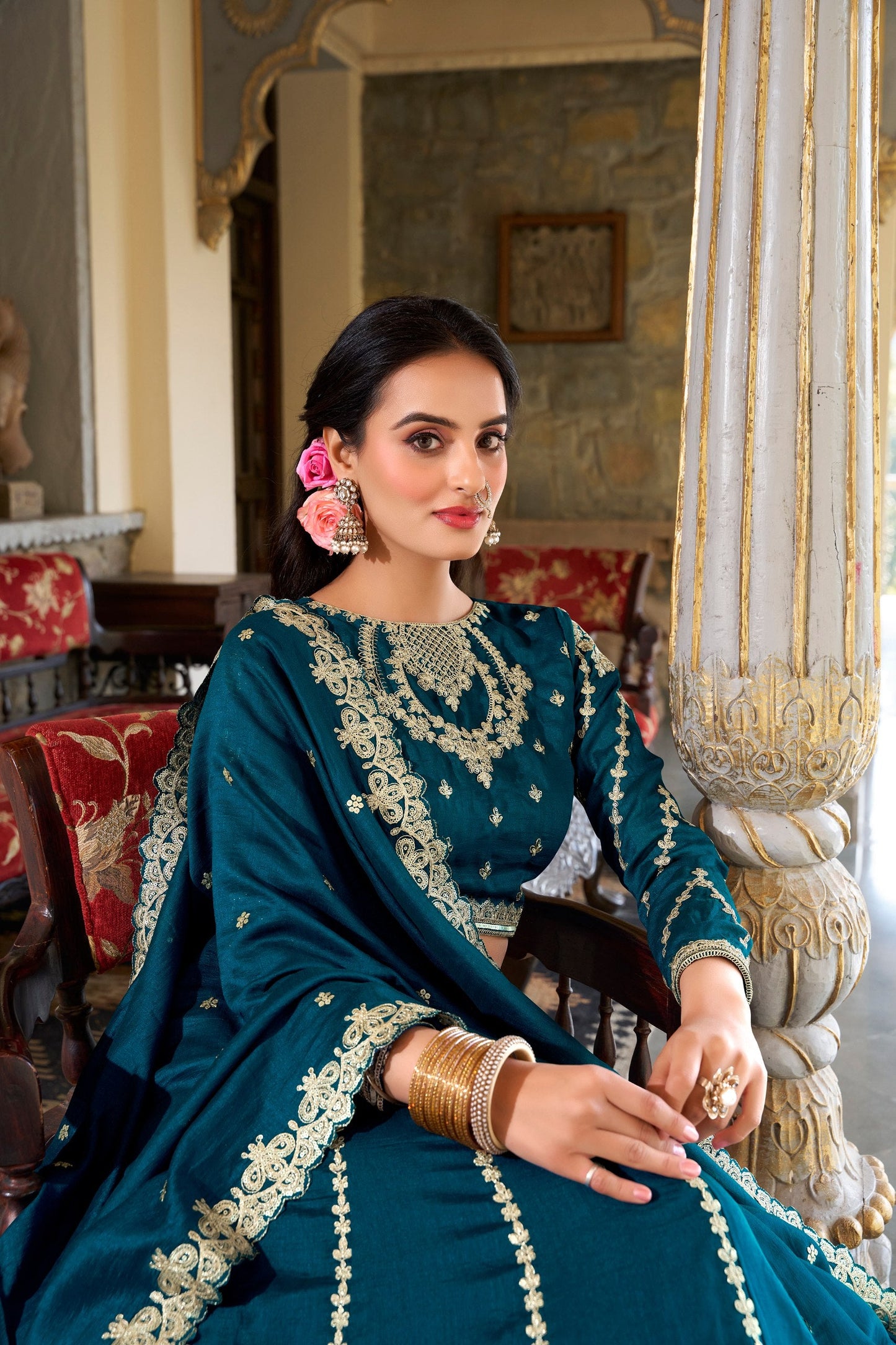 Firozi Designer Wedding Wear Vichitra Silk Lehenga