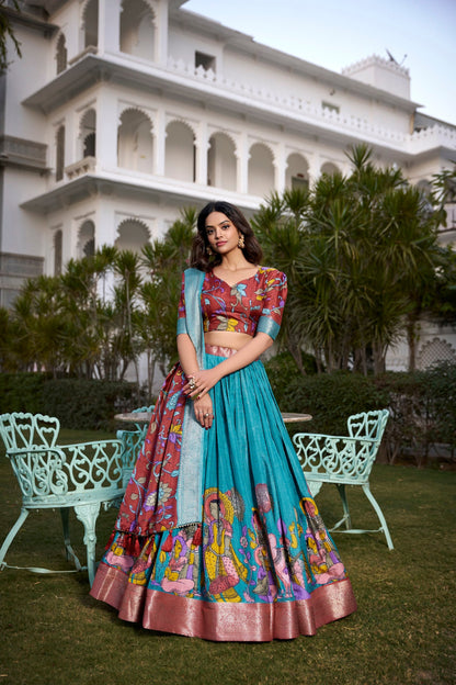 Firozi Kalamkari Printed Dola Silk Lehenga