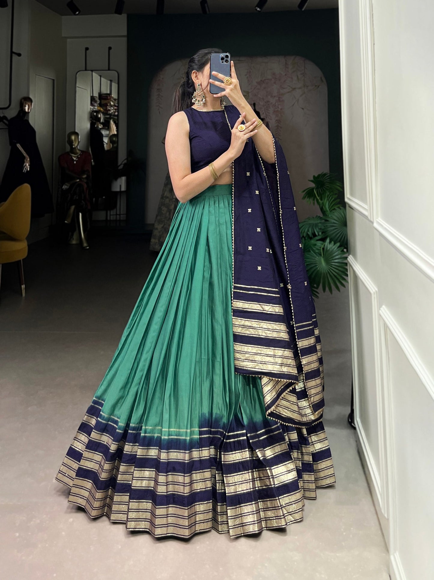 Firozi & Navy Designer Chanderi Lehenga