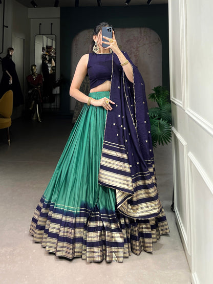 Firozi & Navy Designer Chanderi Lehenga