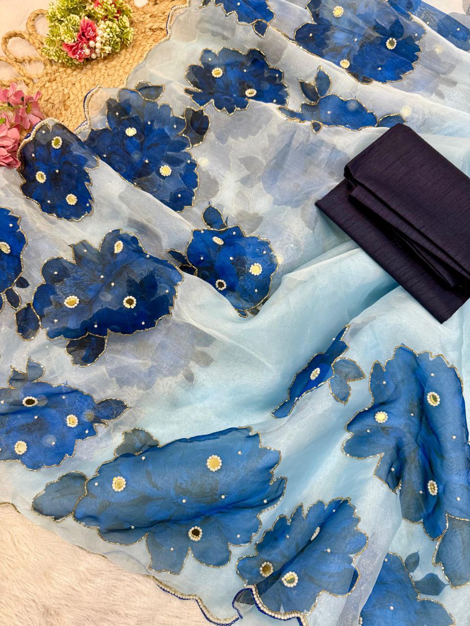 Floral Handprinted Organza Saree