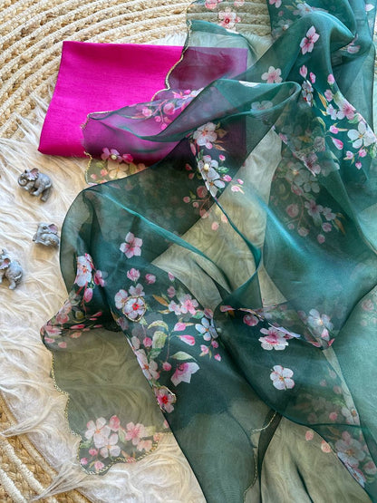 Forest Green Floral Organza Silk Saree