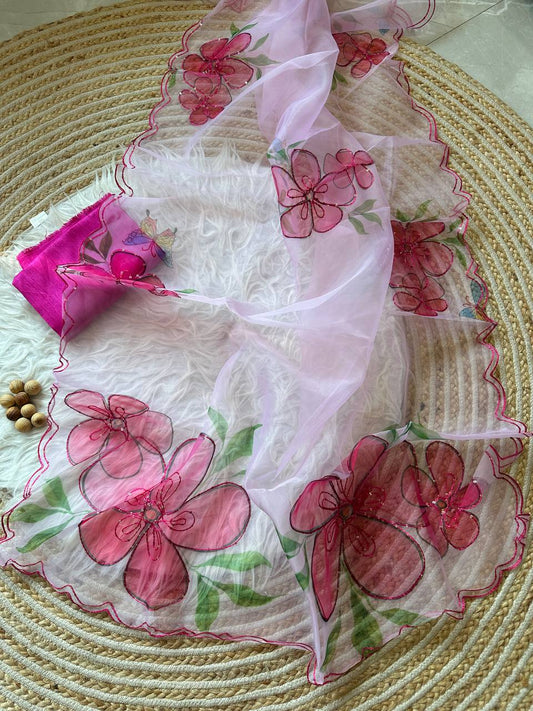 Baby Pink Floral Organza Silk Saree