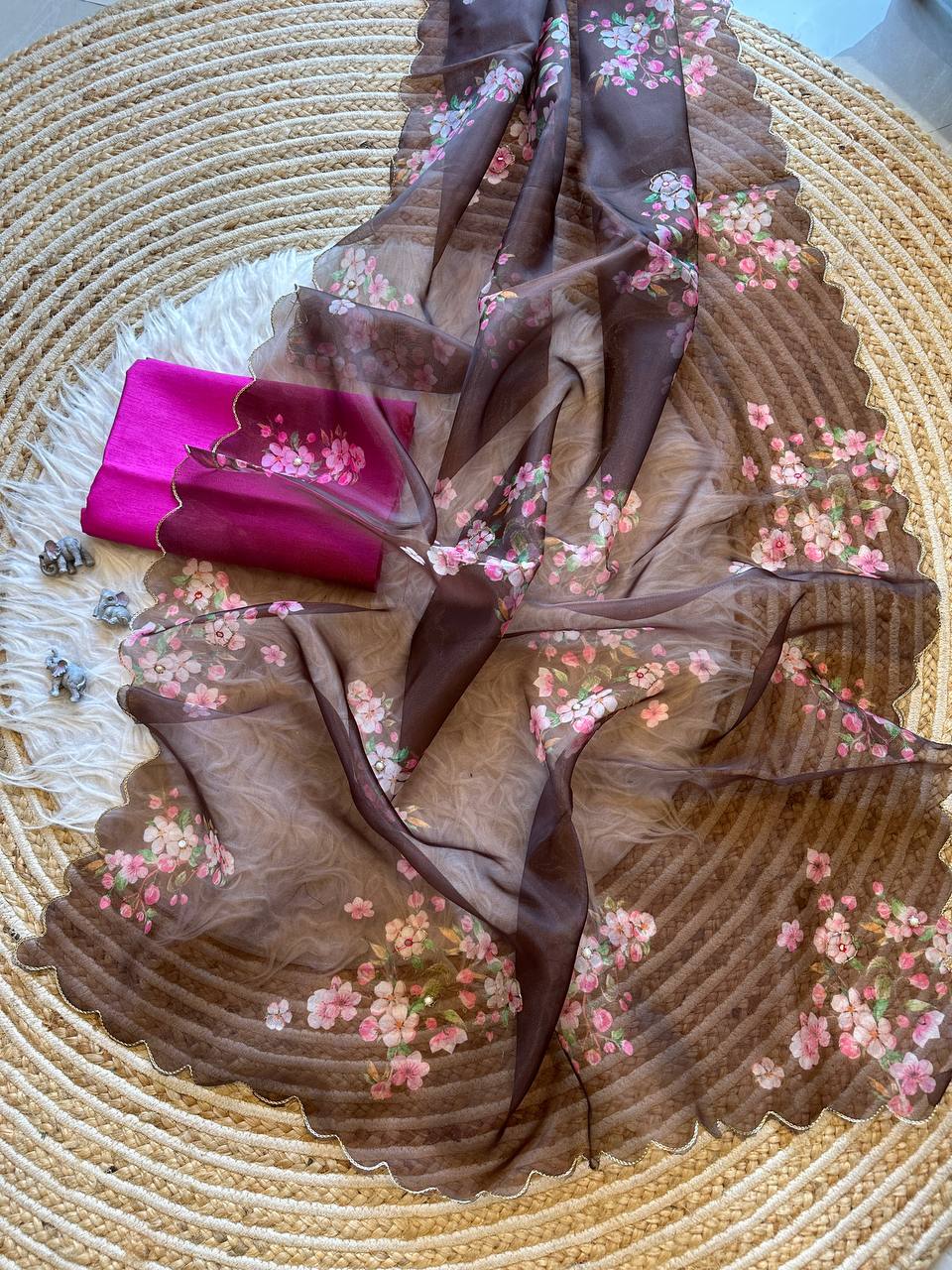 Brown Floral Organza Silk Saree