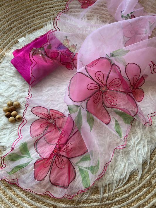 Baby Pink Floral Organza Silk Saree