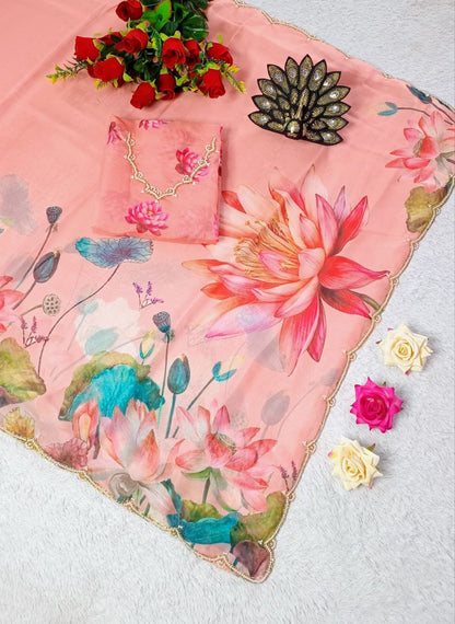 Floral Party Wear Ready Made Organza Silk Saree