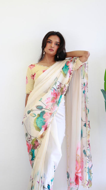Floral Party Wear Ready Made Organza Silk Saree