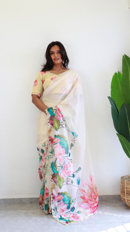 Floral Party Wear Ready Made Organza Silk Saree