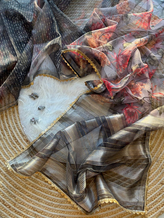 Floral Printed Designer Organza Silk Saree