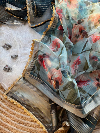 Floral Printed Designer Organza Silk Saree