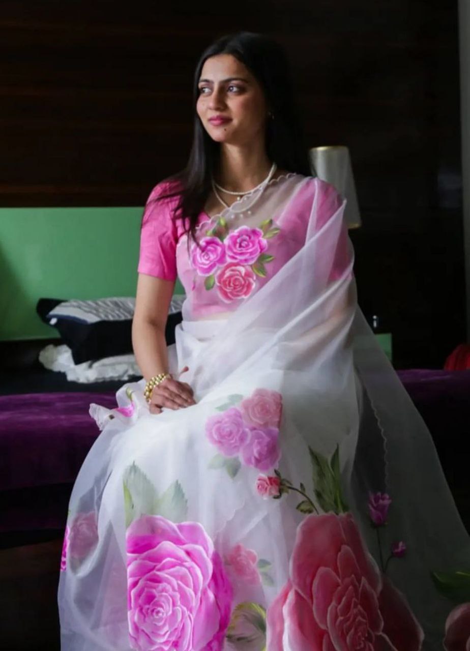 Floral Printed Organza Saree