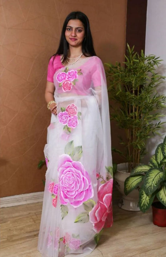 Floral Printed Organza Saree