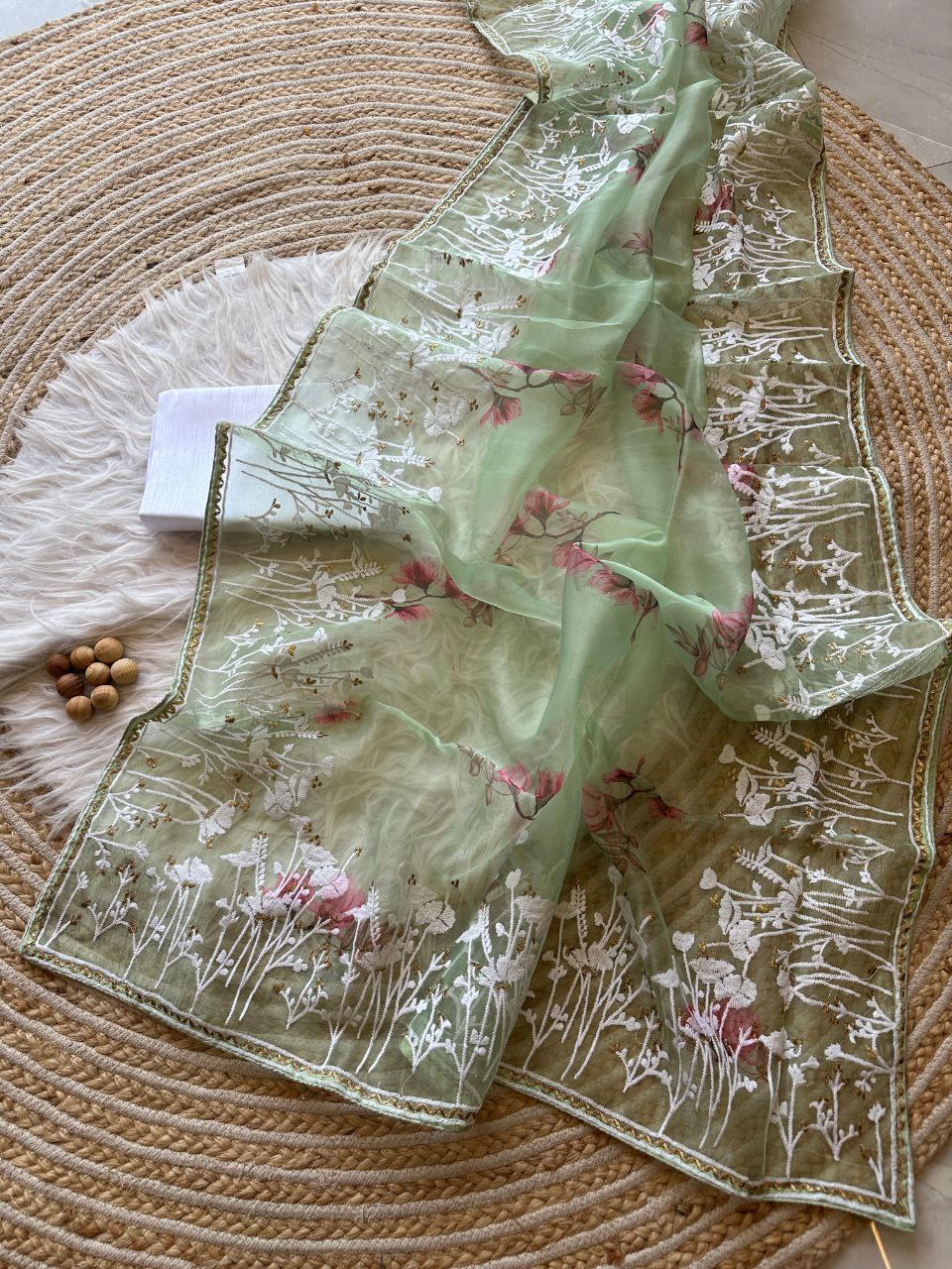 Pista Floral Printed Organza Silk Saree