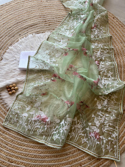 Pista Floral Printed Organza Silk Saree