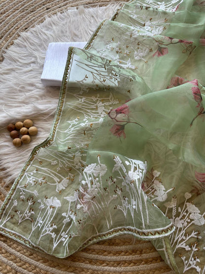 Pista Floral Printed Organza Silk Saree