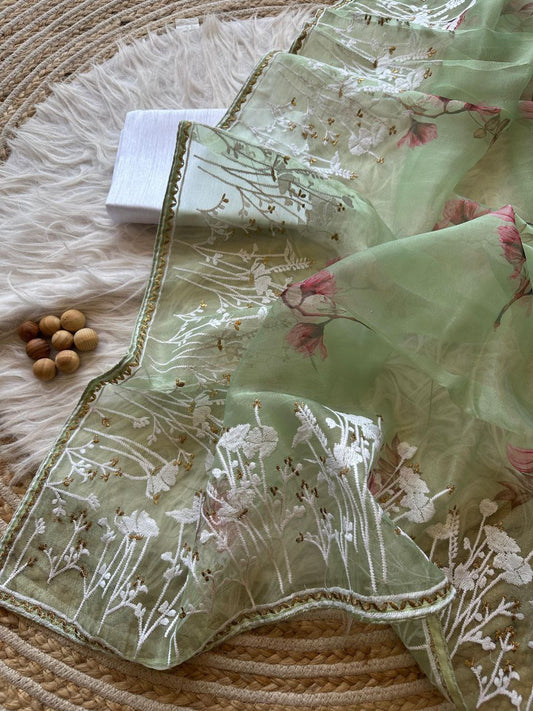 Pista Floral Printed Organza Silk Saree