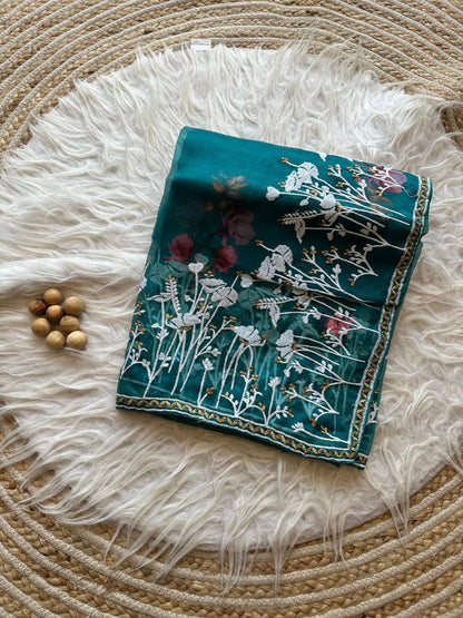 Teal Floral Printed Organza Silk Saree