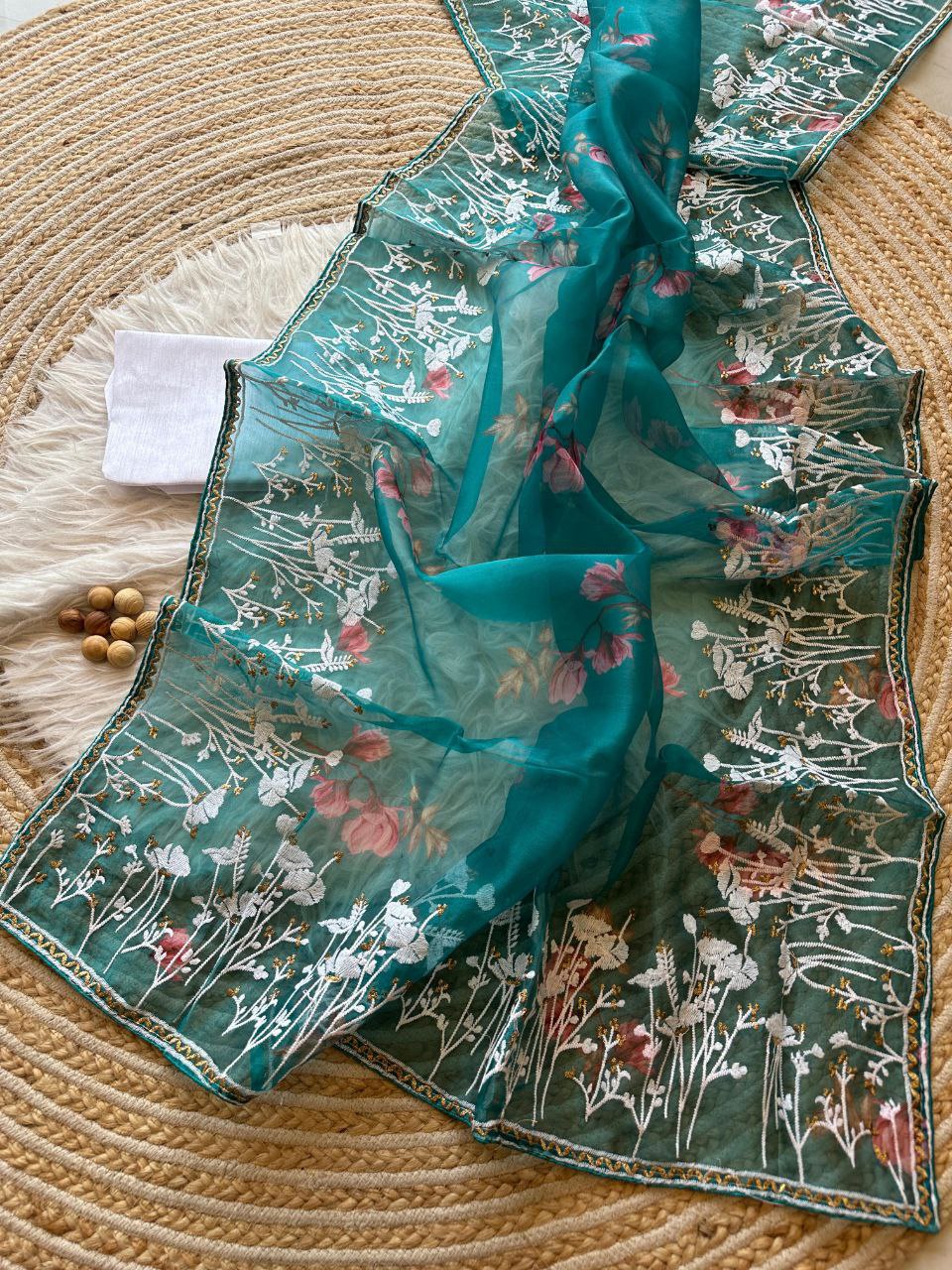 Teal Floral Printed Organza Silk Saree