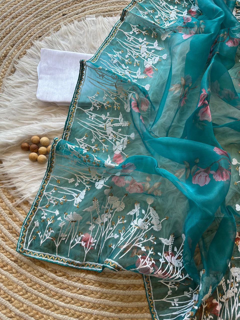 Teal Floral Printed Organza Silk Saree