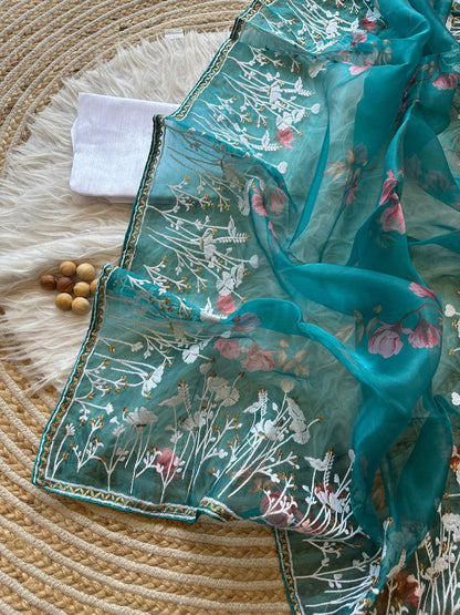 Teal Floral Printed Organza Silk Saree