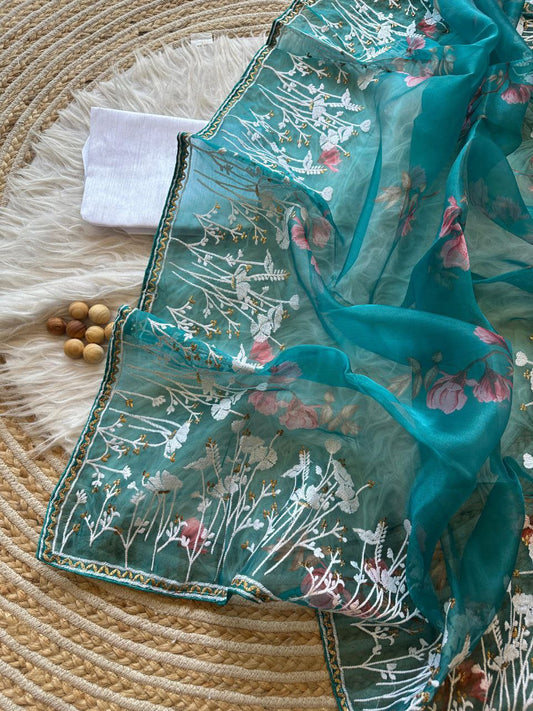 Teal Floral Printed Organza Silk Saree