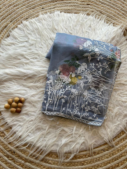 Gray Floral Printed Organza Silk Saree