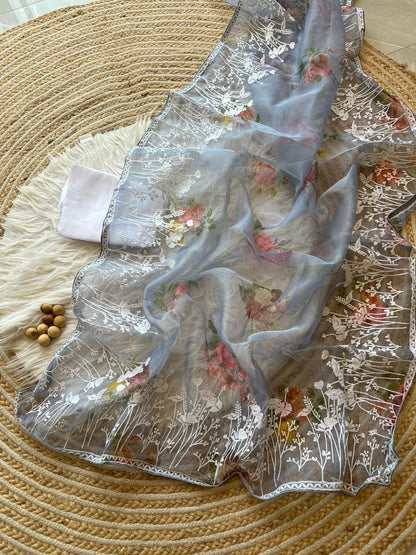 Gray Floral Printed Organza Silk Saree