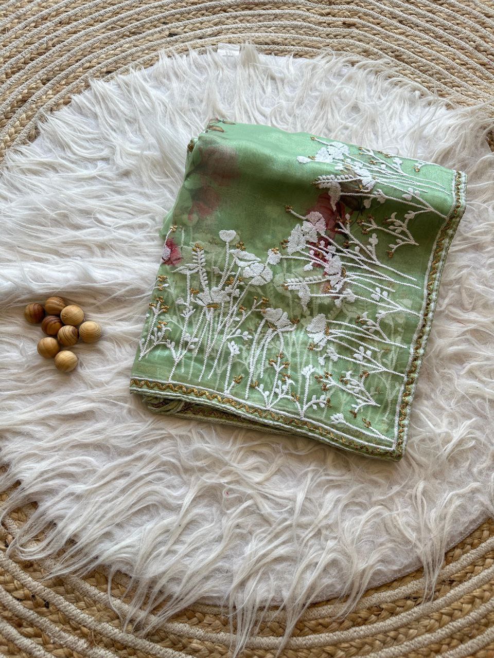 Pista Floral Printed Organza Silk Saree