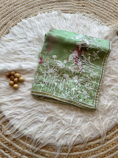 Pista Floral Printed Organza Silk Saree