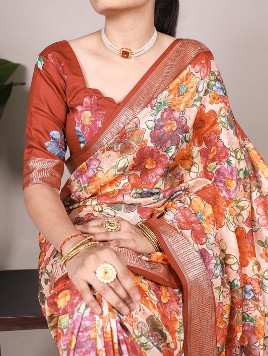 Floral Printed Tussar Silk Saree