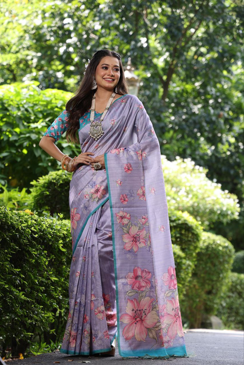 Floral Printed Tussar Silk Saree For Wedding