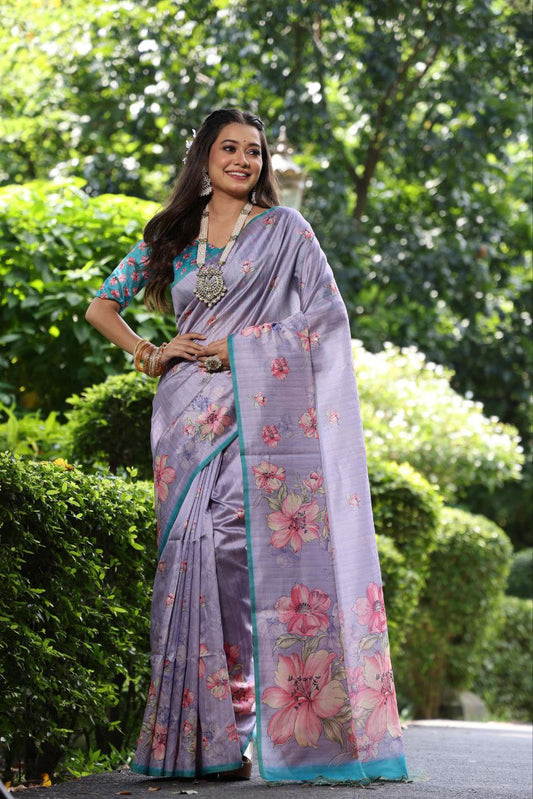 Floral Printed Tussar Silk Saree For Wedding