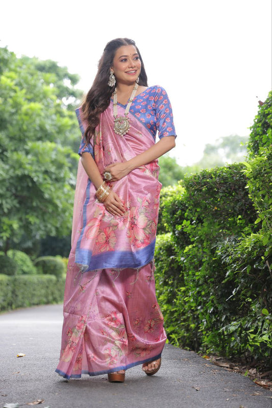 Floral Printed Tussar Silk Saree For Wedding