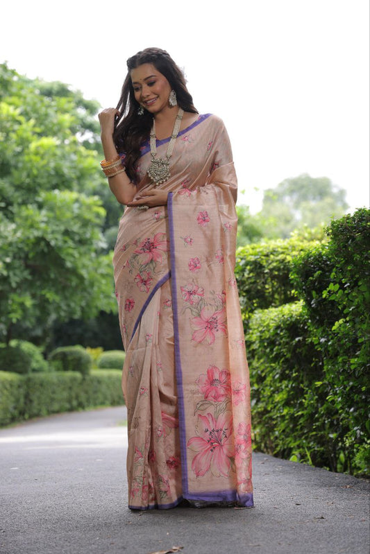Floral Printed Tussar Silk Saree For Wedding