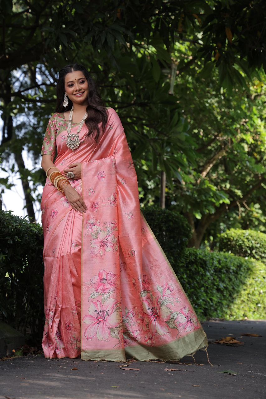 Floral Printed Tussar Silk Saree For Wedding