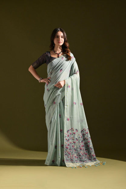 Floral Weaved Muga Cotton Saree
