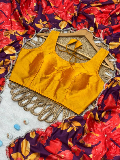 Flower Printed Party Wear Soft Crystal Saree