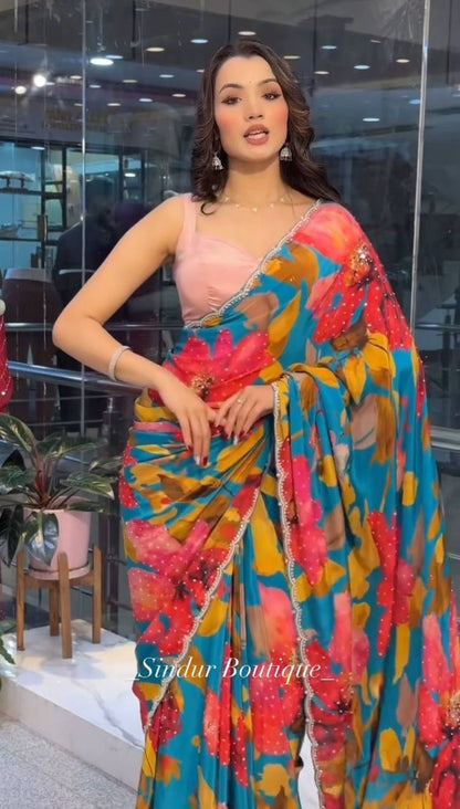 Flower Printed Party Wear Soft Crystal Saree
