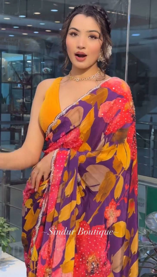 Flower Printed Party Wear Soft Crystal Saree