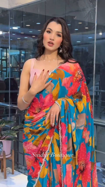 Flower Printed Party Wear Soft Crystal Saree