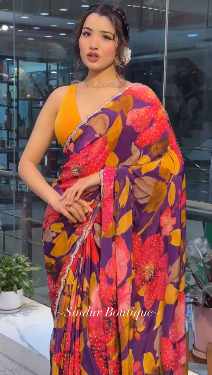 Flower Printed Party Wear Soft Crystal Saree